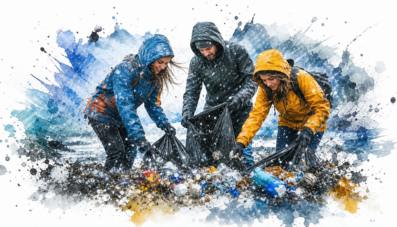 Three volunteers in rain jackets collecting trash and plastic waste from a beach during snowy weather.