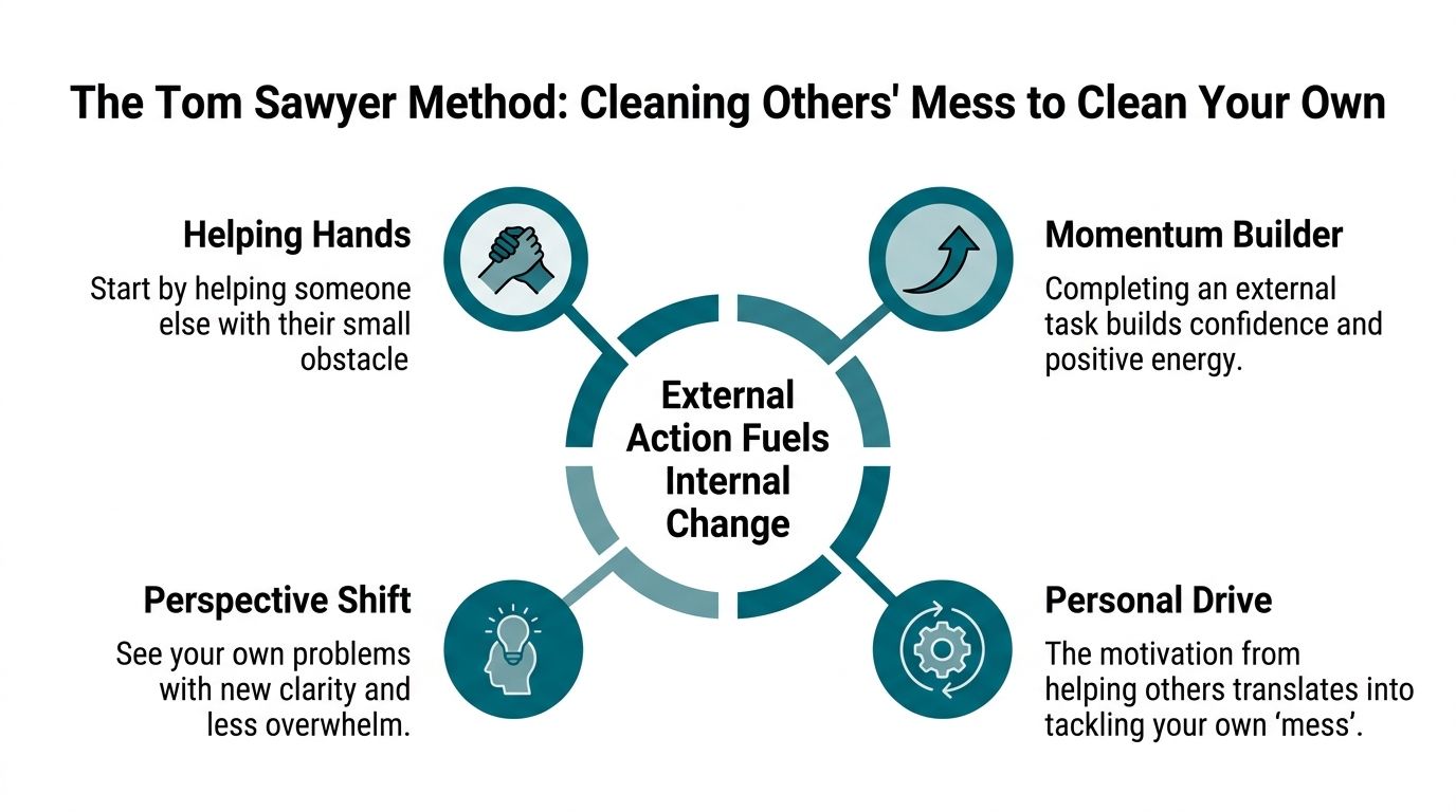 A diagram explaining the Tom Sawyer method for overcoming personal obstacles through helping others with tasks.