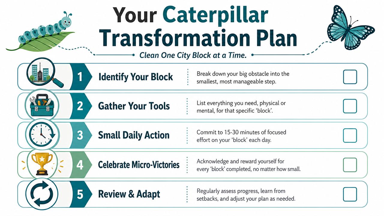 A checklist infographic titled Your Caterpillar Transformation Plan illustrating five steps for overcoming personal obstacles effectively.