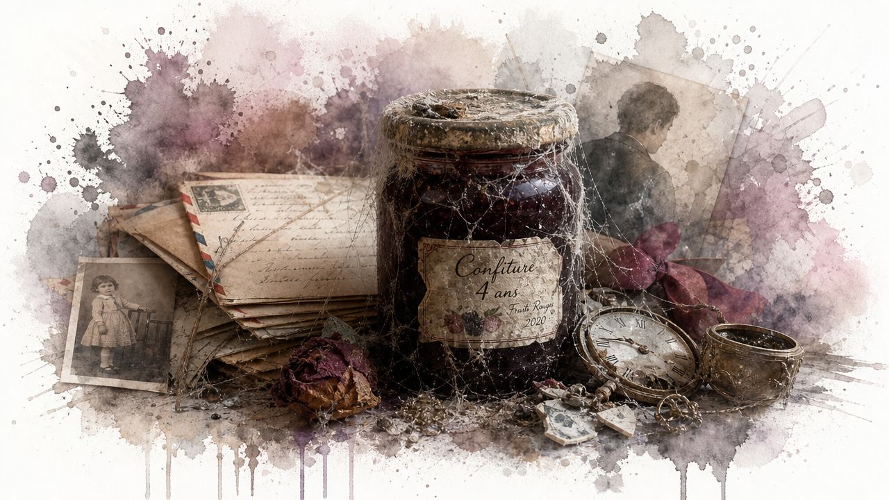 A nostalgic still life featuring a dusty jam jar, vintage letters, old photographs, and an antique pocket watch.