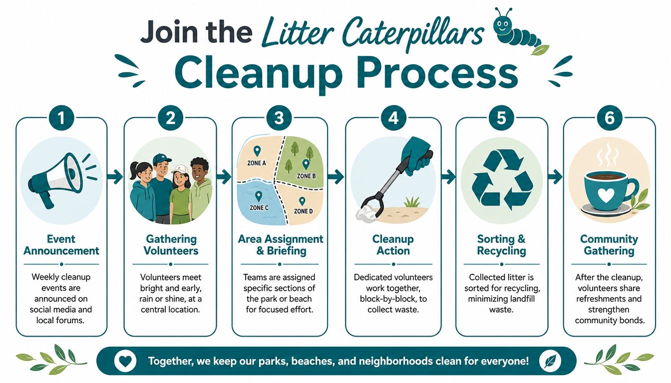 An infographic titled Litter Caterpillars Cleanup Process showing six numbered steps to organize community cleanup events.