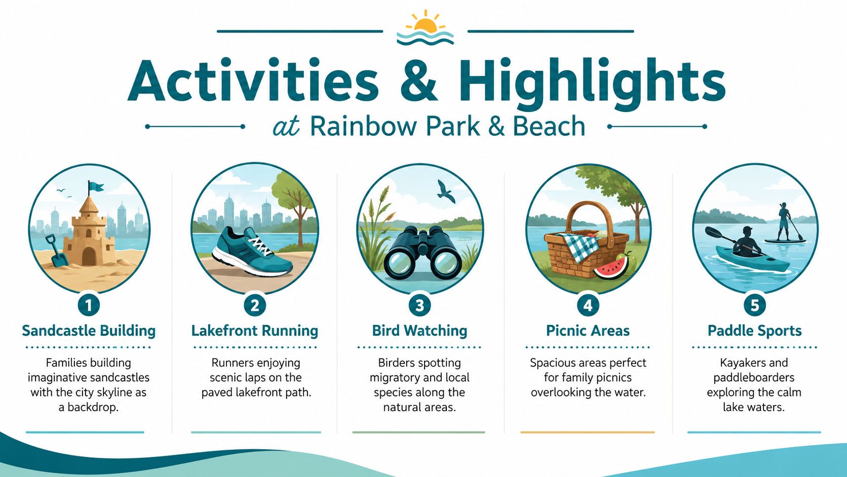 A colorful infographic illustrating five recreational activities at Rainbow Park and Beach, including sandcastle building, running, and kayaking.
