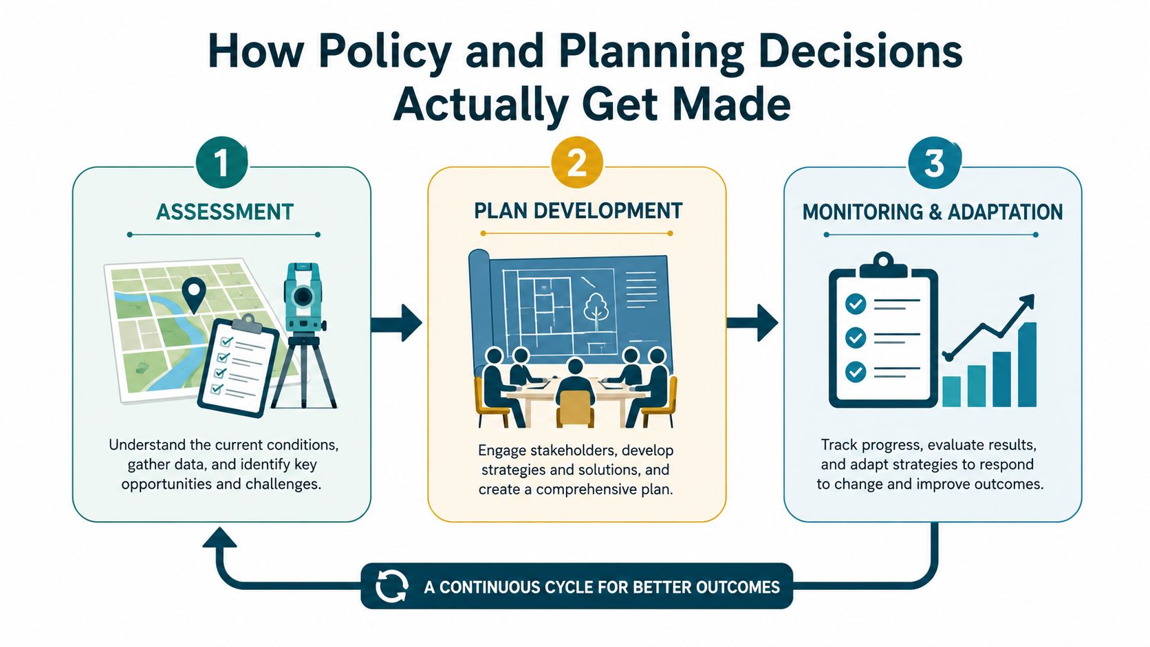 A three-step infographic showing the continuous cycle of assessment, plan development, and monitoring for policy decisions.