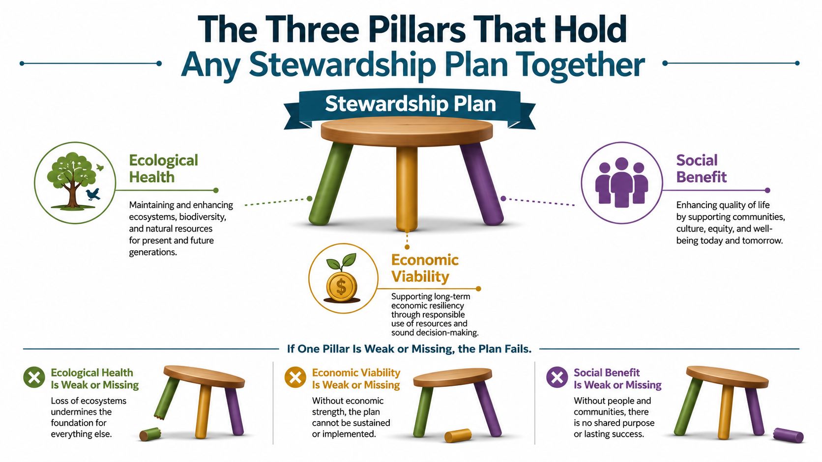 A diagram of a three-legged stool showing how ecological, economic, and social pillars sustain stewardship plans.
