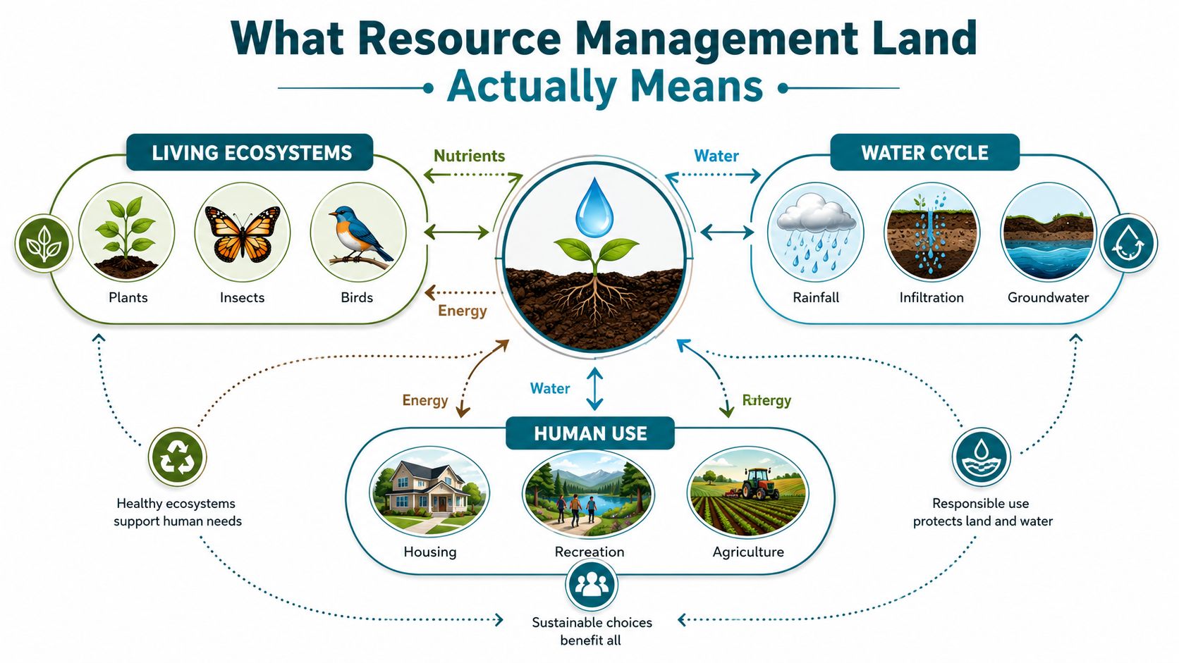 An infographic illustrating the interconnected relationship between living ecosystems, the water cycle, and human resource land management.