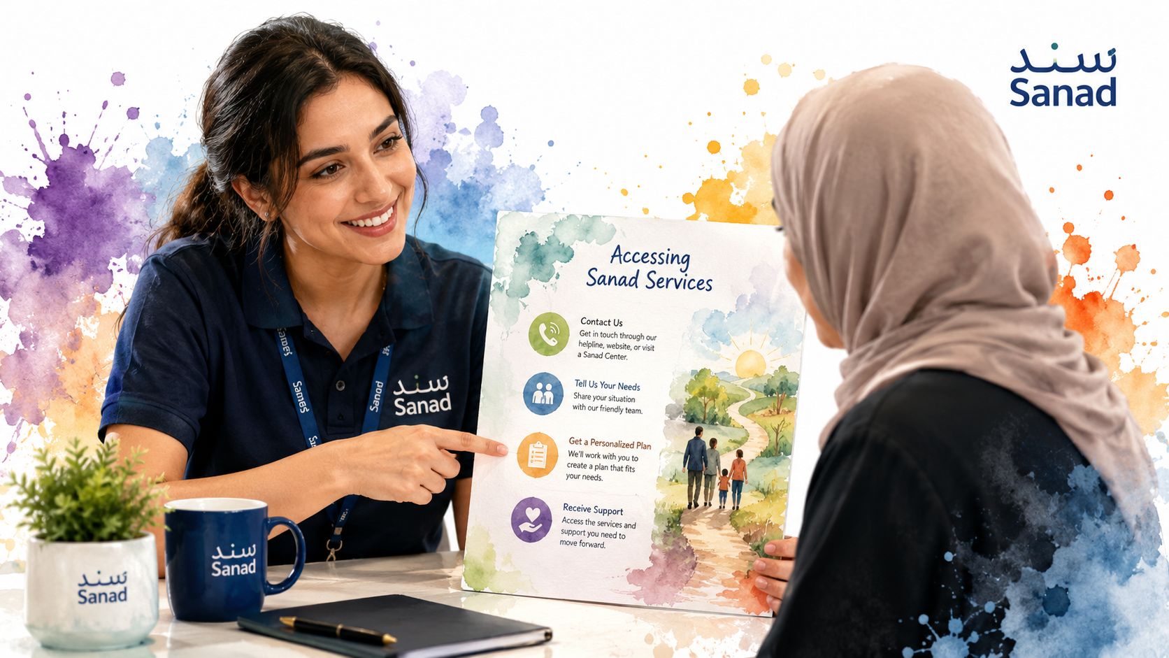 A friendly Sanad representative explains service steps to a woman using an informative visual guide.