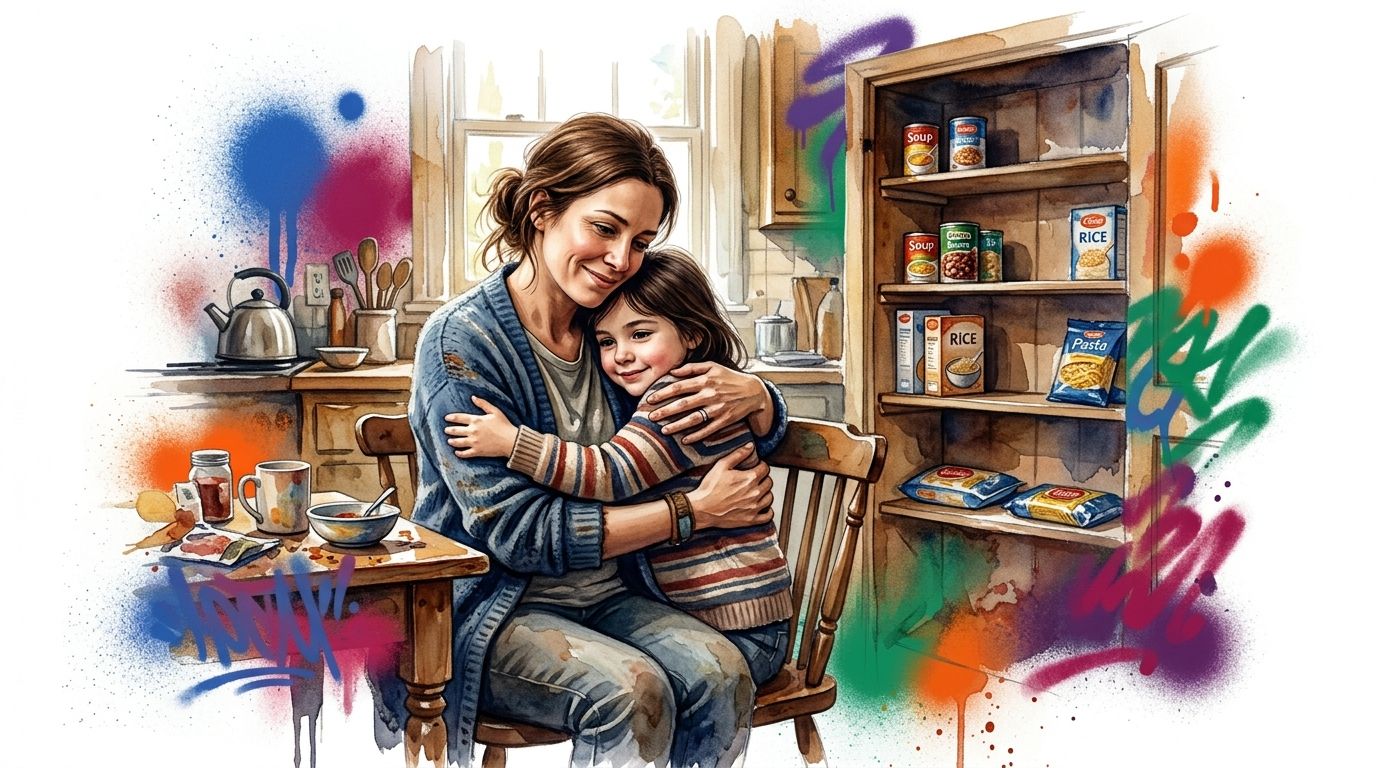 A warm watercolor illustration of a mother and daughter embracing in a cozy kitchen setting.