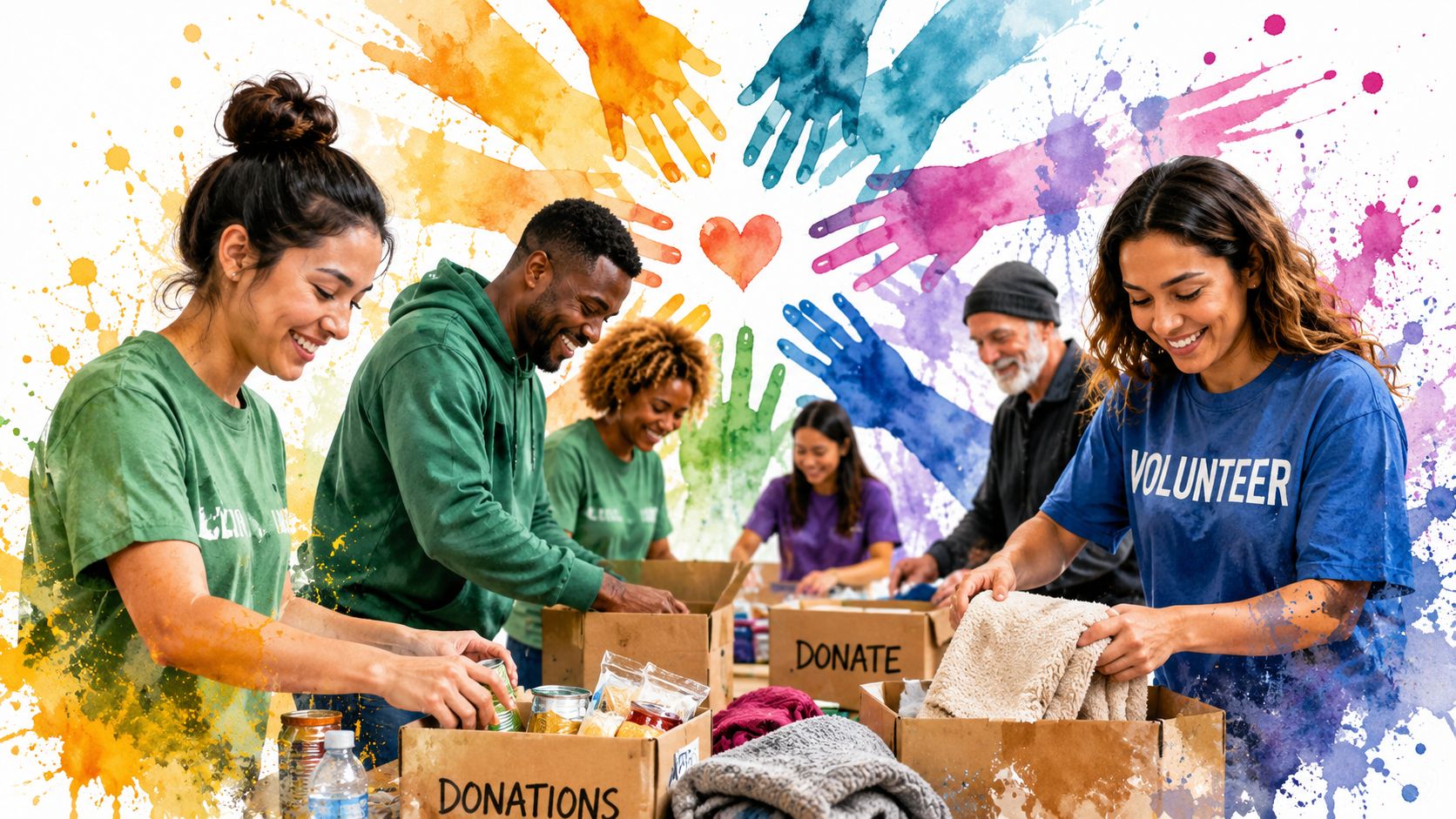 A diverse group of volunteers sorting donated goods and food items for a community social service project.