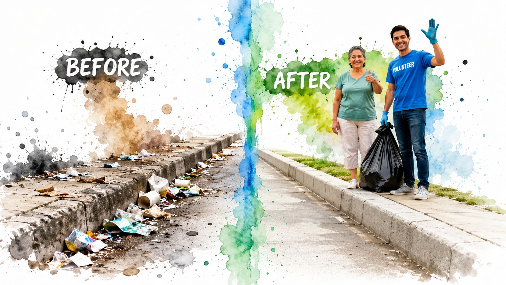 A split image showing a dirty street before cleanup and a clean street with volunteers after cleanup.