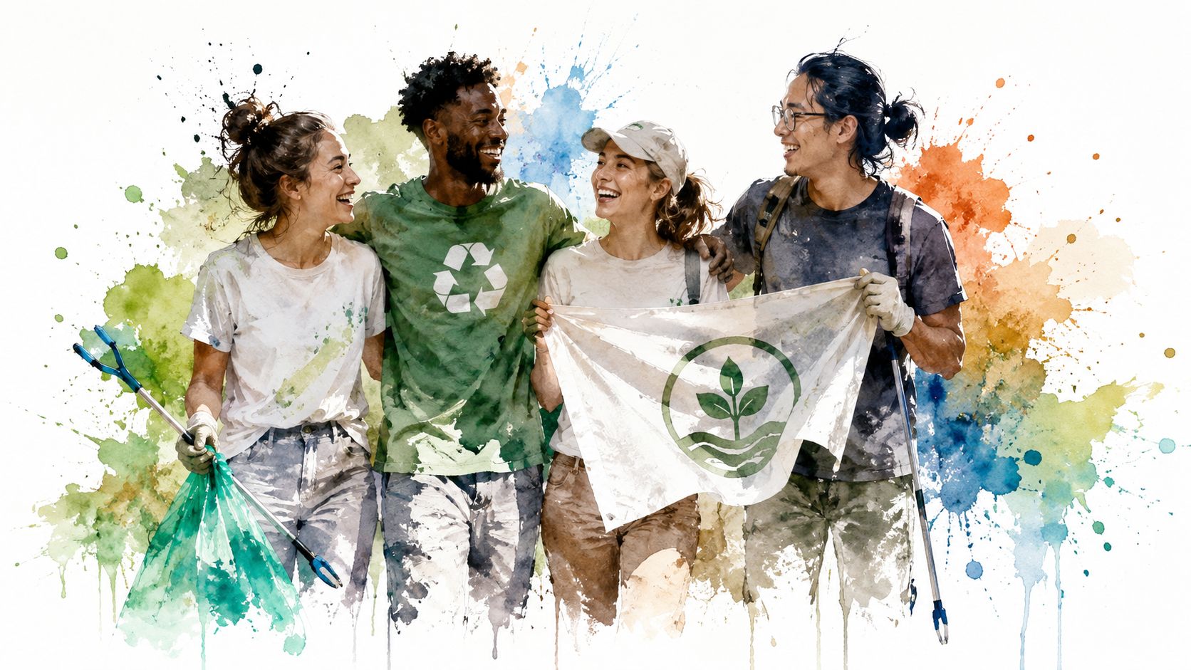 A diverse group of four volunteers smiling and holding a sustainability flag after a community cleanup event.