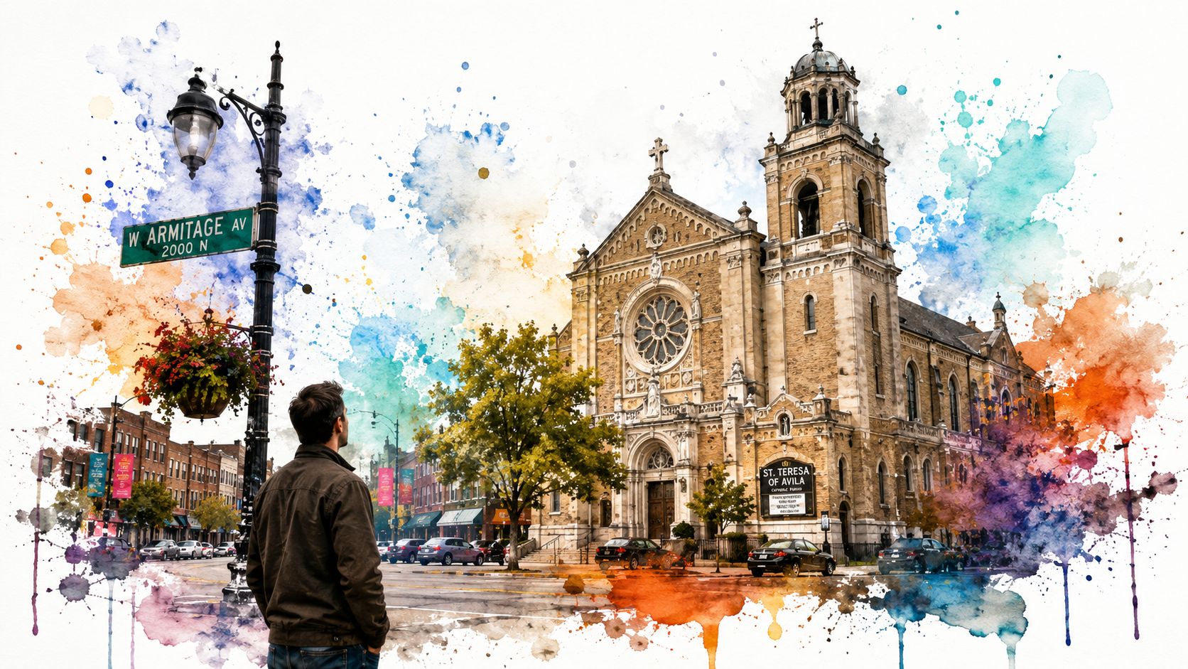 A man stands on a street corner looking at the historic St. Teresa of Avila Church in Chicago.