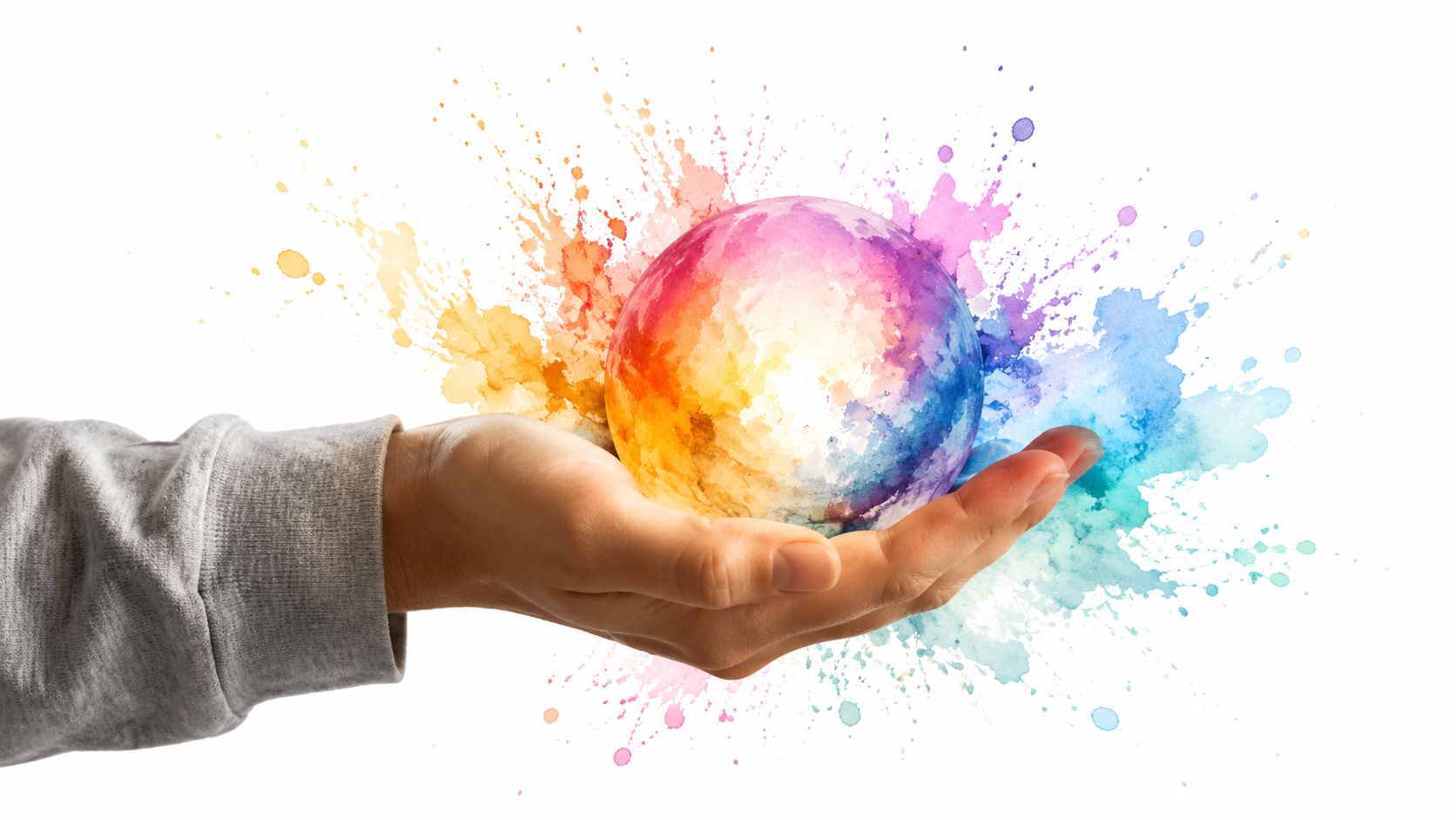 A human hand holds a vibrant, colorful sphere surrounded by an artistic explosion of watercolor paint splatters.