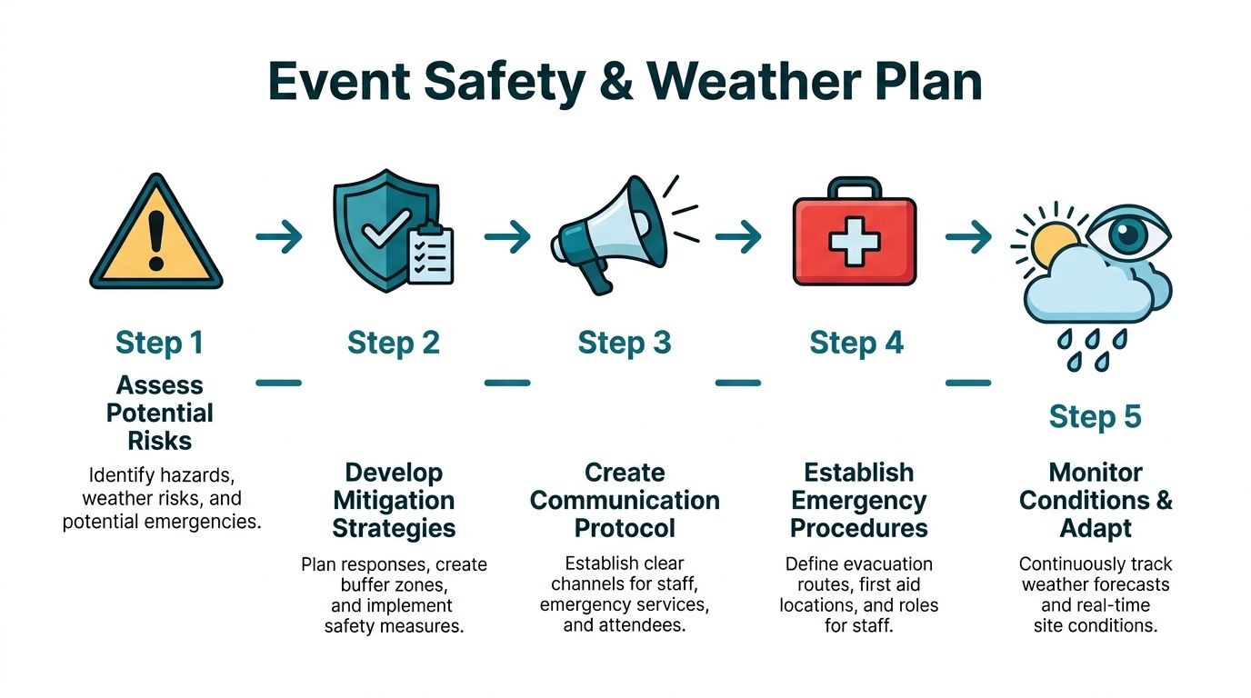A five-step infographic titled Event Safety and Weather Plan outlining the process for emergency preparation.