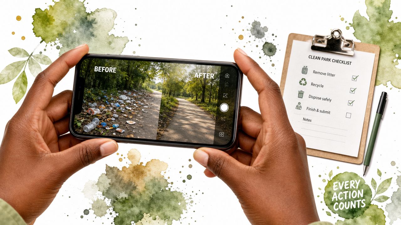 A person holds a phone showing a before and after comparison of a cleaned park path beside a checklist.