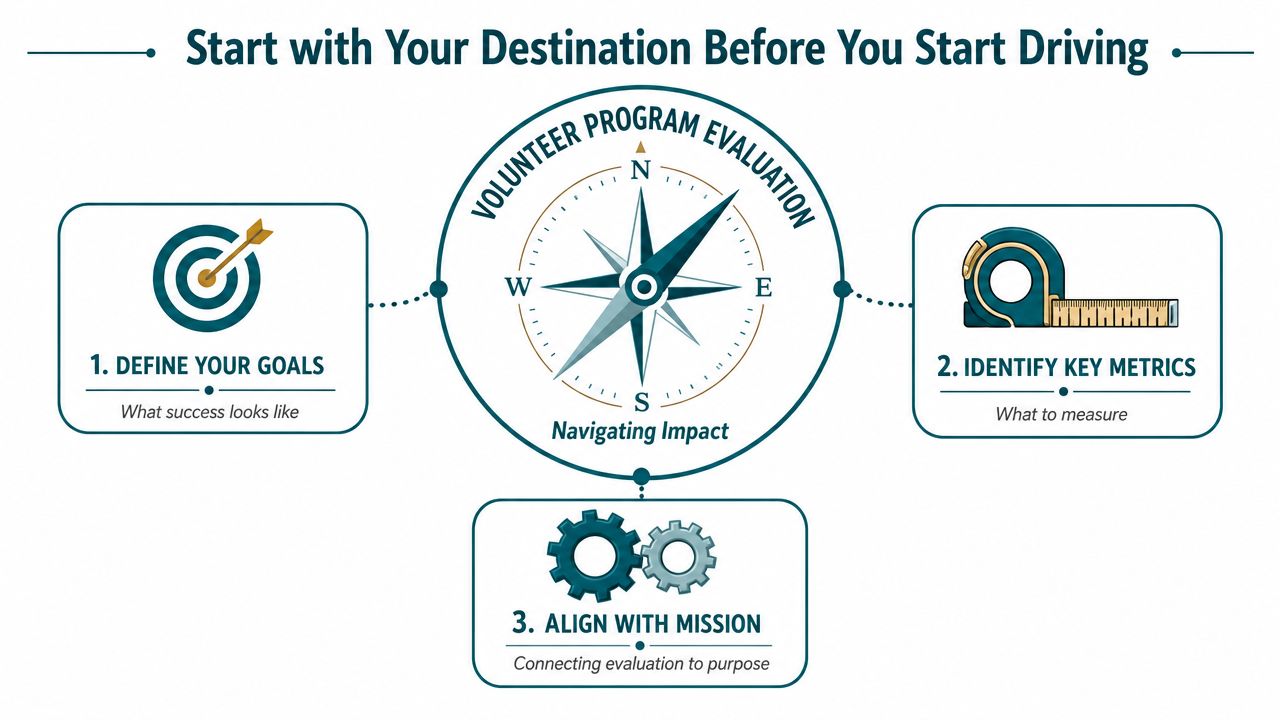 A diagram illustrating a volunteer program evaluation framework with goal setting, key metrics, and mission alignment.
