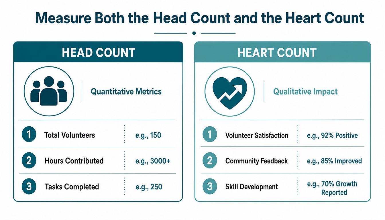 An infographic comparing quantitative Head Count metrics and qualitative Heart Count impacts for measuring volunteer program success.