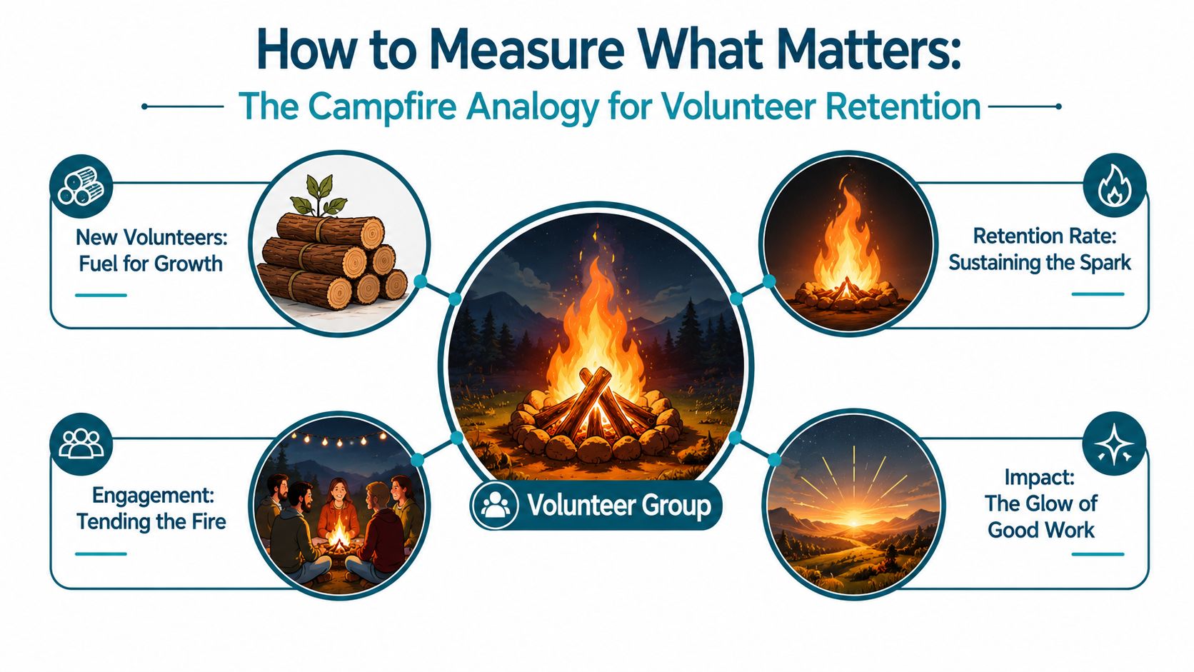 A campfire analogy infographic explaining key volunteer retention metrics like growth, engagement, and long-term impact.