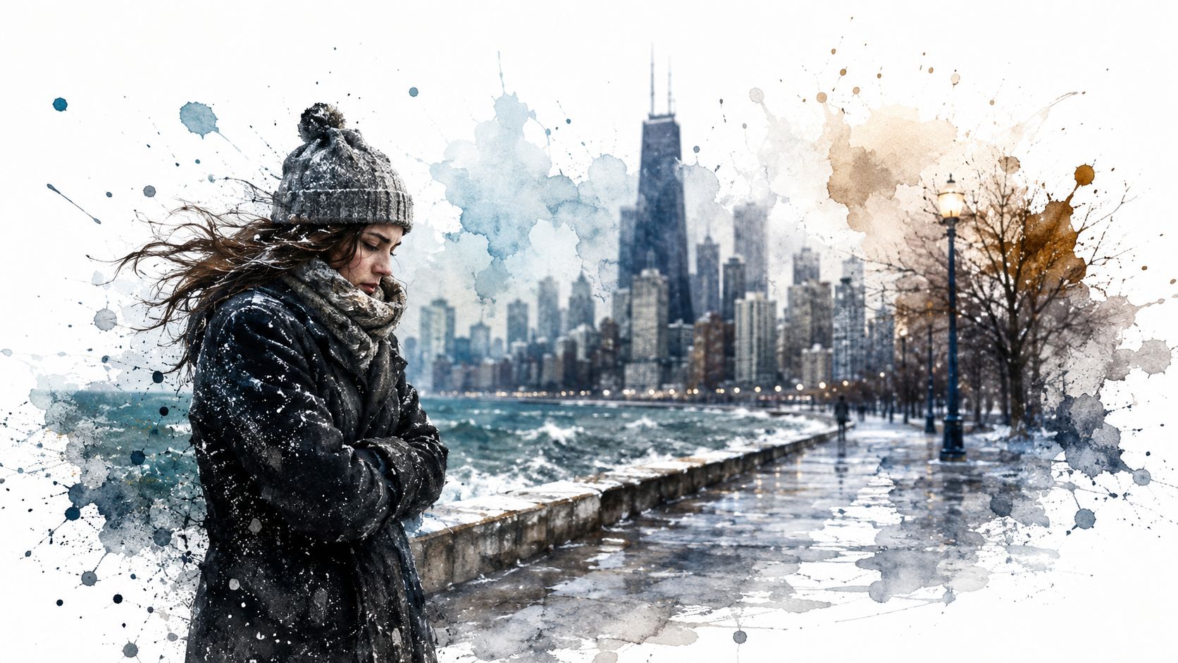 A sad woman wrapped in a warm coat standing by a cold, windy Chicago lakefront in winter.