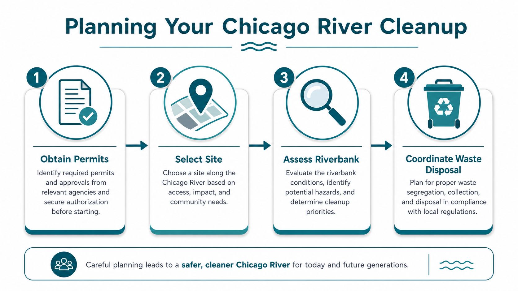 An infographic showing four steps for planning a Chicago River cleanup, including permits, site selection, assessment, and disposal.