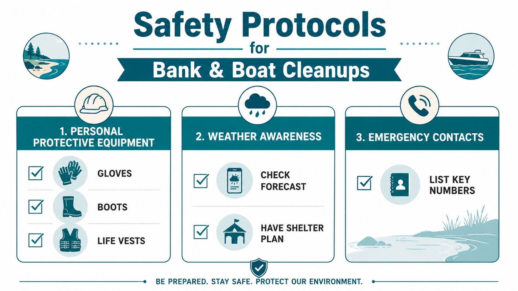 A safety infographic for bank and boat cleanups covering protective gear, weather awareness, and emergency contact procedures.