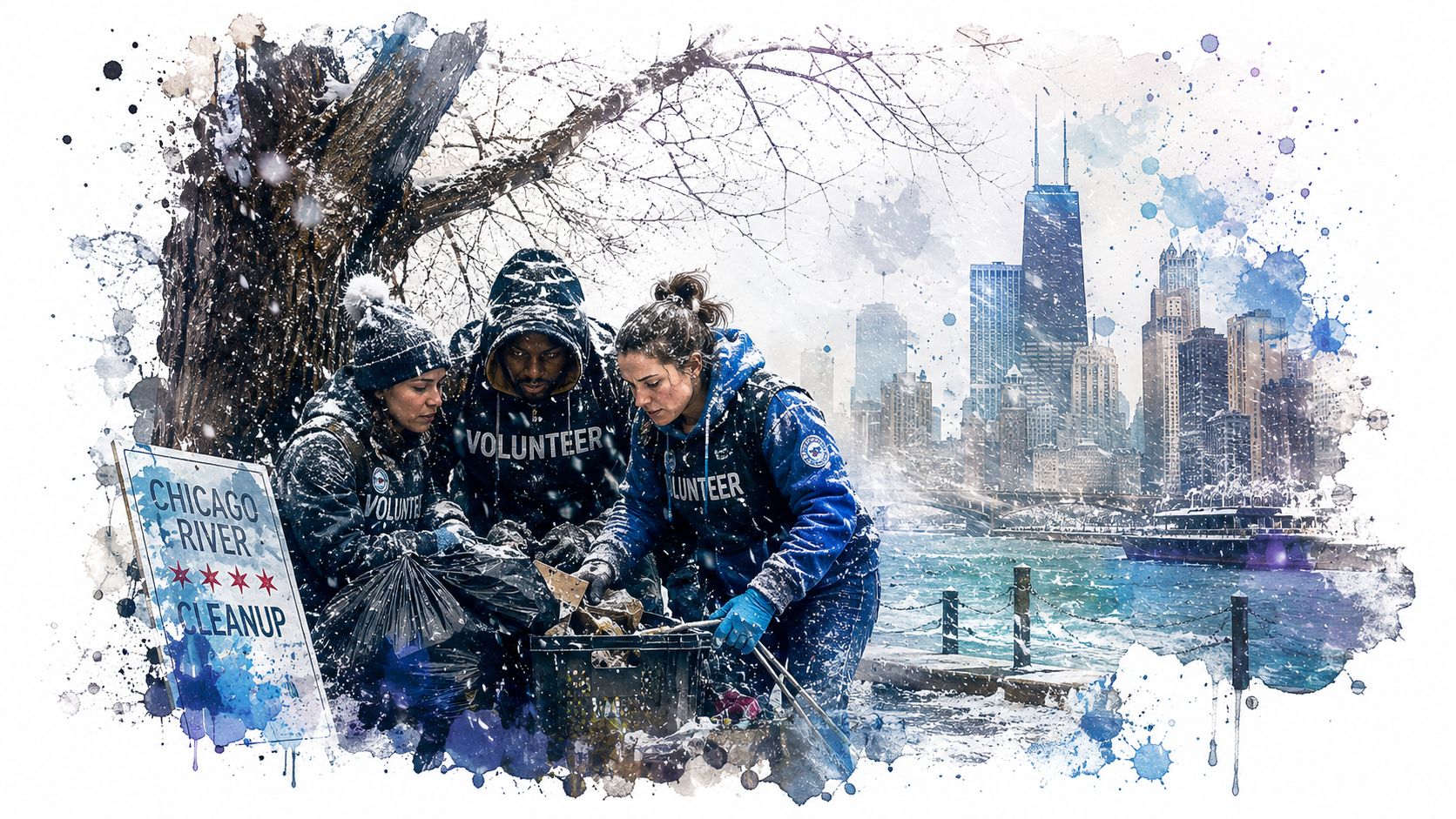 Three volunteers cleaning trash from the Chicago River bank during a snowy winter day in the city.