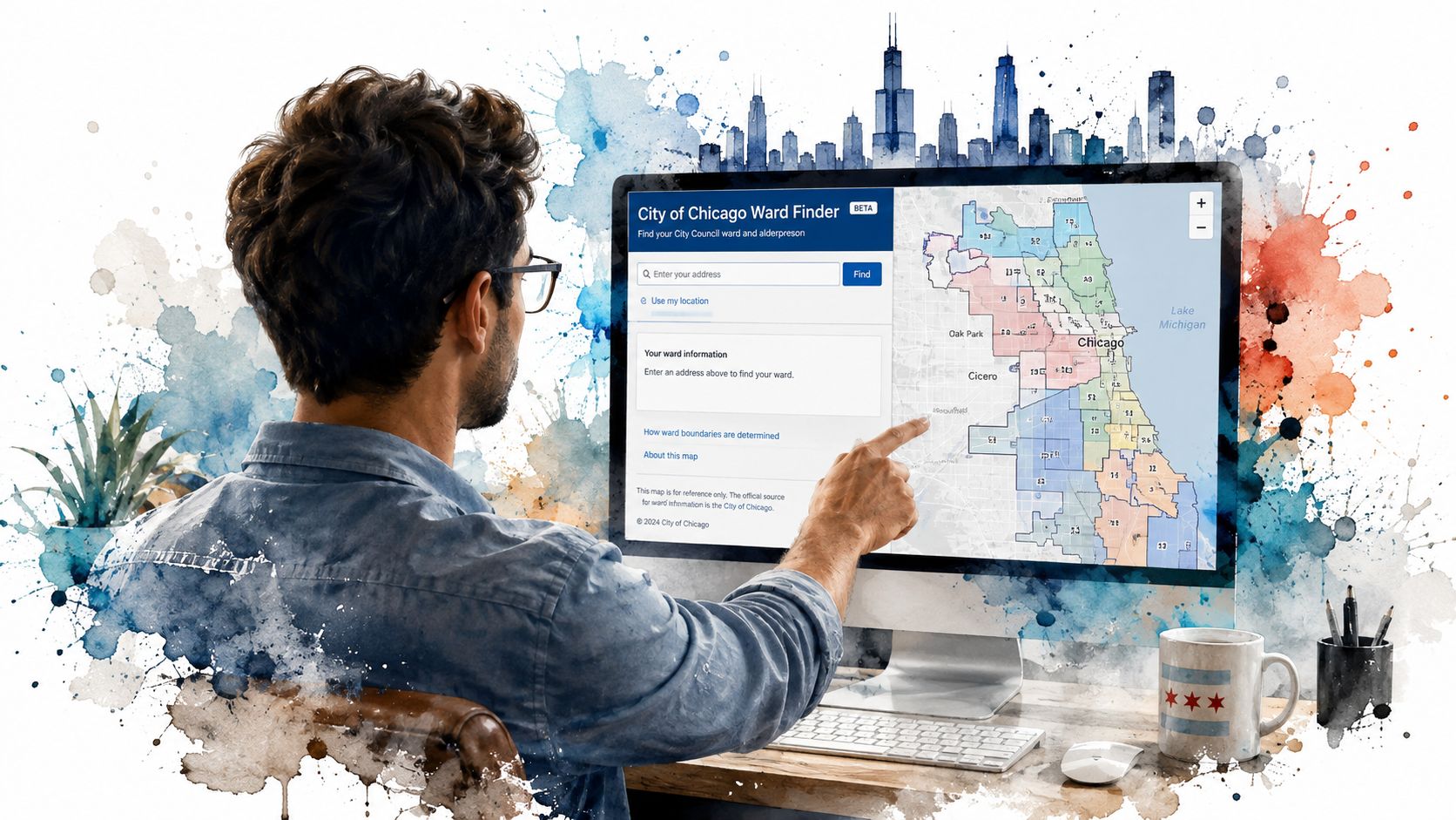 A person sitting at a desk pointing at a computer screen showing the Chicago Ward Finder map.