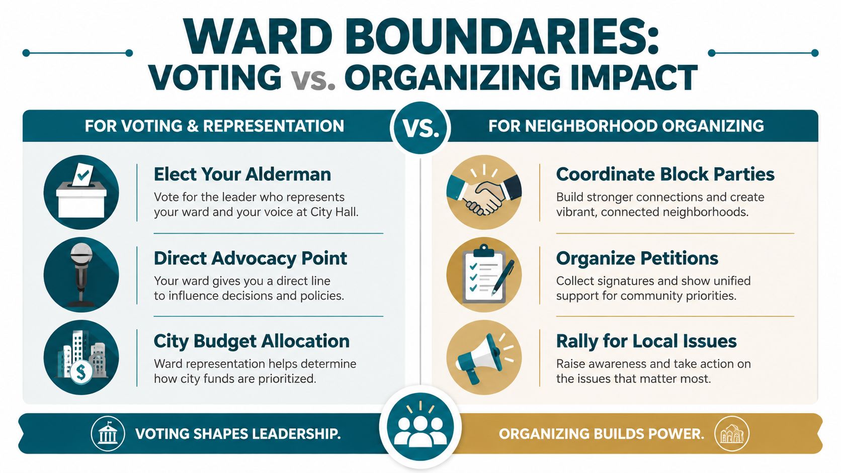 An infographic comparing how Chicago ward boundaries impact local voting representation versus community neighborhood organizing efforts.