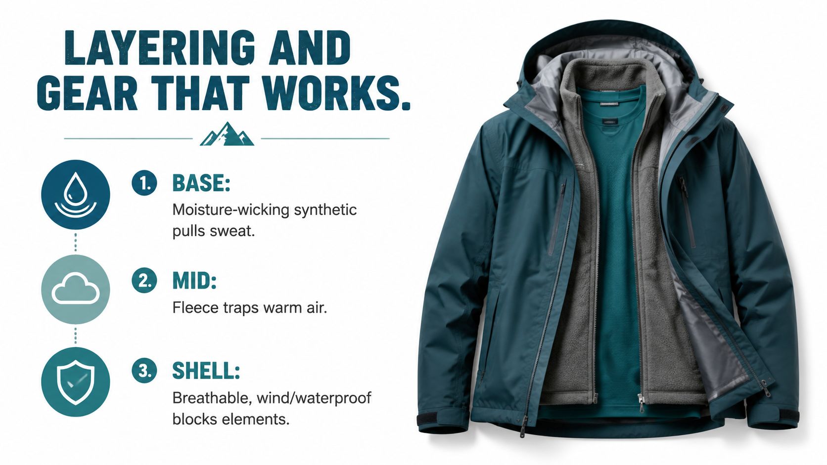 A diagram explaining the three-layer clothing system for cold weather, featuring a base layer, fleece, and waterproof shell.
