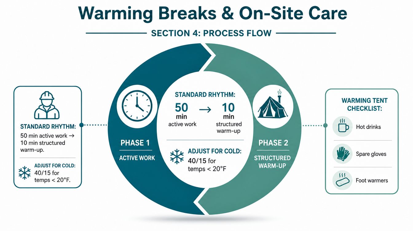 A diagram illustrating a two-phase cycle for cold weather work, alternating between active work and structured warm-up breaks.