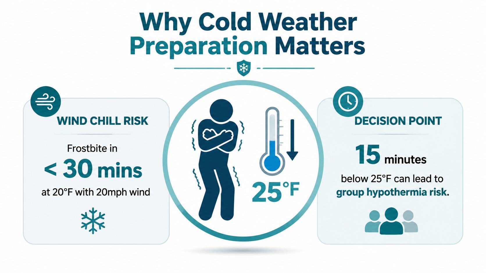 An infographic titled Why Cold Weather Preparation Matters, showing frostbite risks and hypothermia decision points.