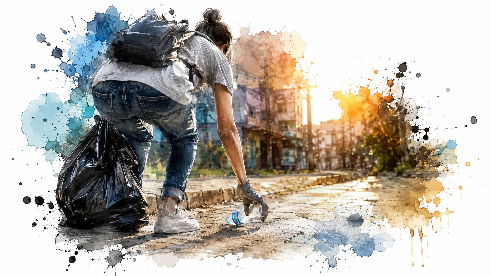 A person collecting trash in a plastic bag on a city street during a community cleanup event.