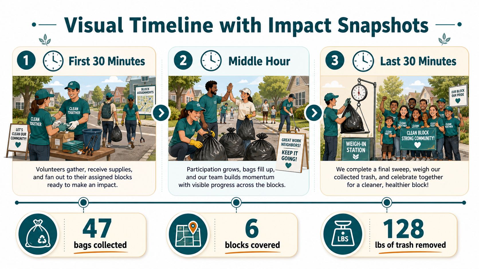 A visual timeline infographic illustrating a successful community cleanup event with three stages and final impact results.