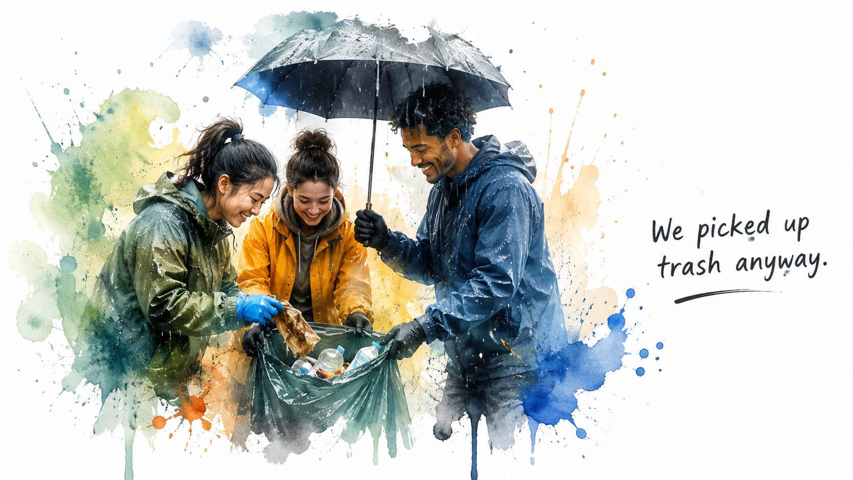 Three volunteers in raincoats smiling while cleaning up litter in a bag during a rainy day.