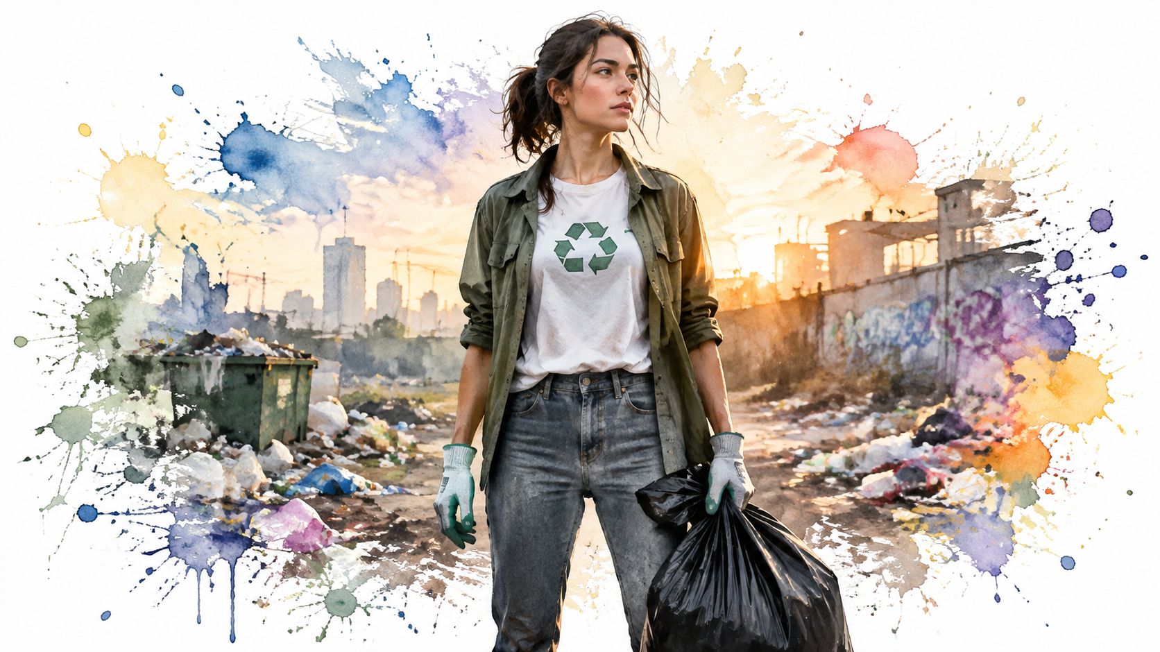 A young volunteer wearing a recycling t-shirt stands amidst trash in a polluted urban environment.