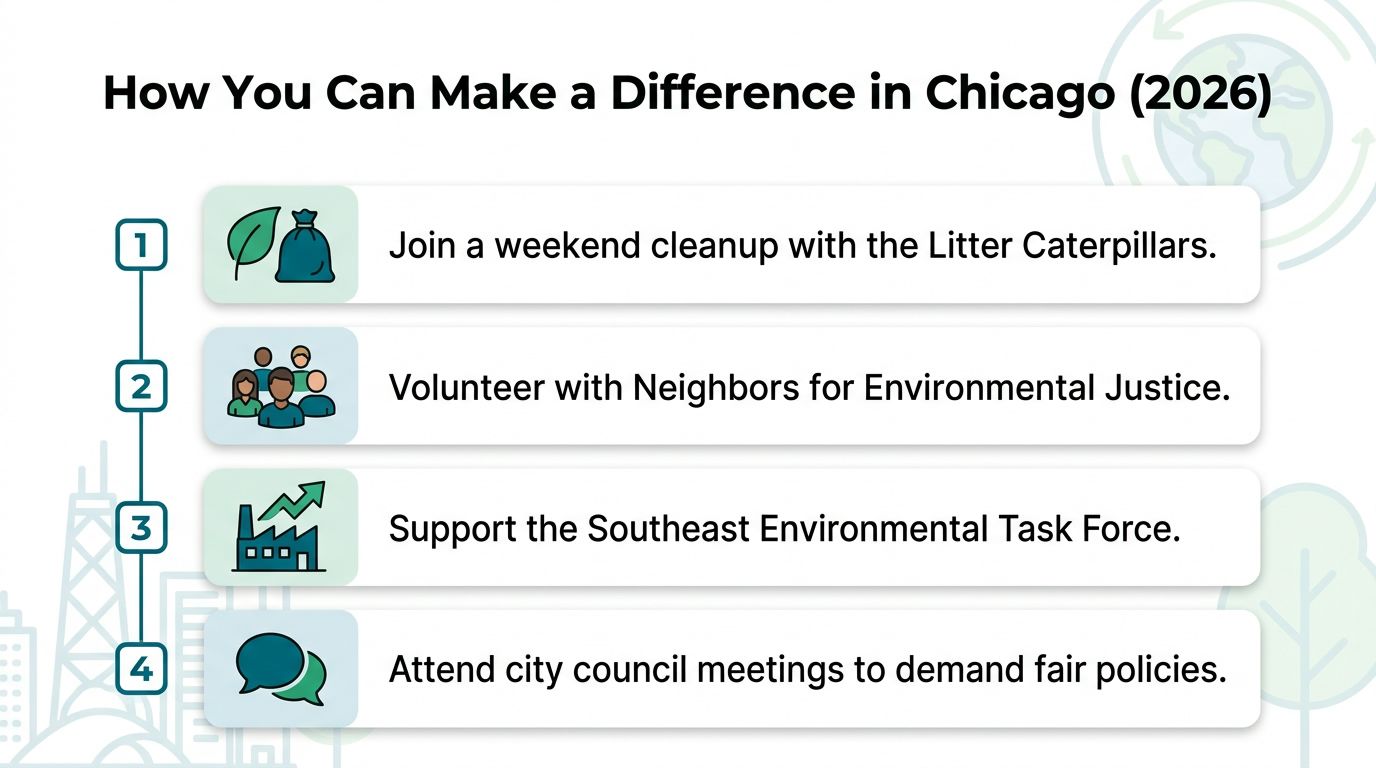 A list showing four ways to make an environmental difference in Chicago in the year 2026.