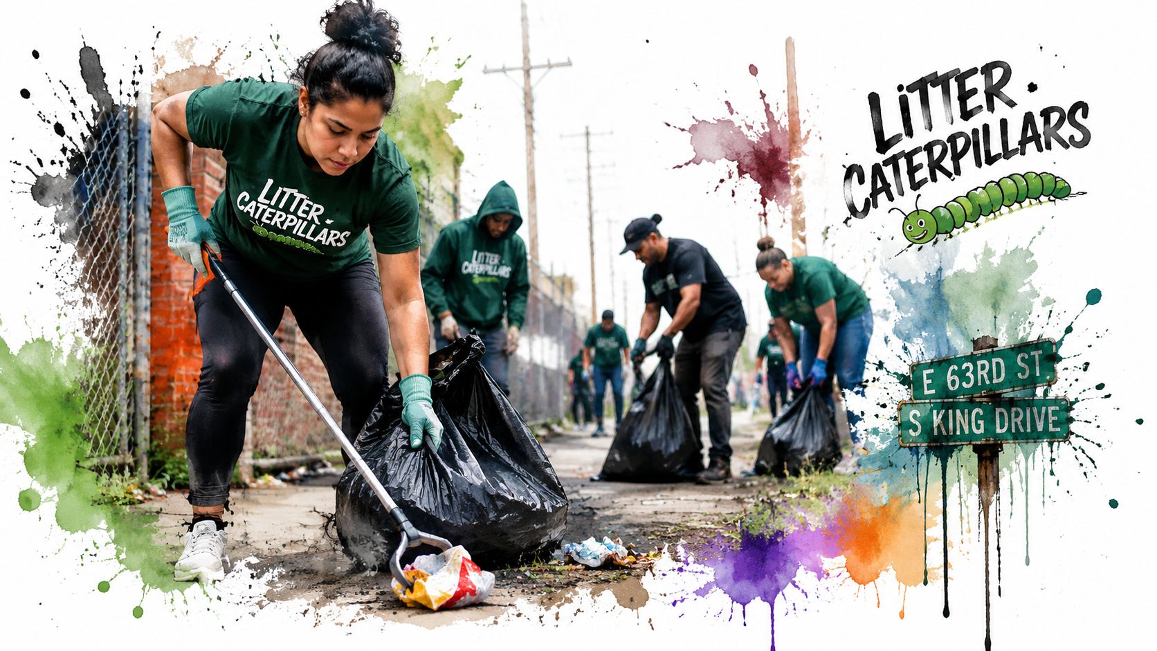 A diverse group of volunteers cleaning up litter from a city street as part of a community project.