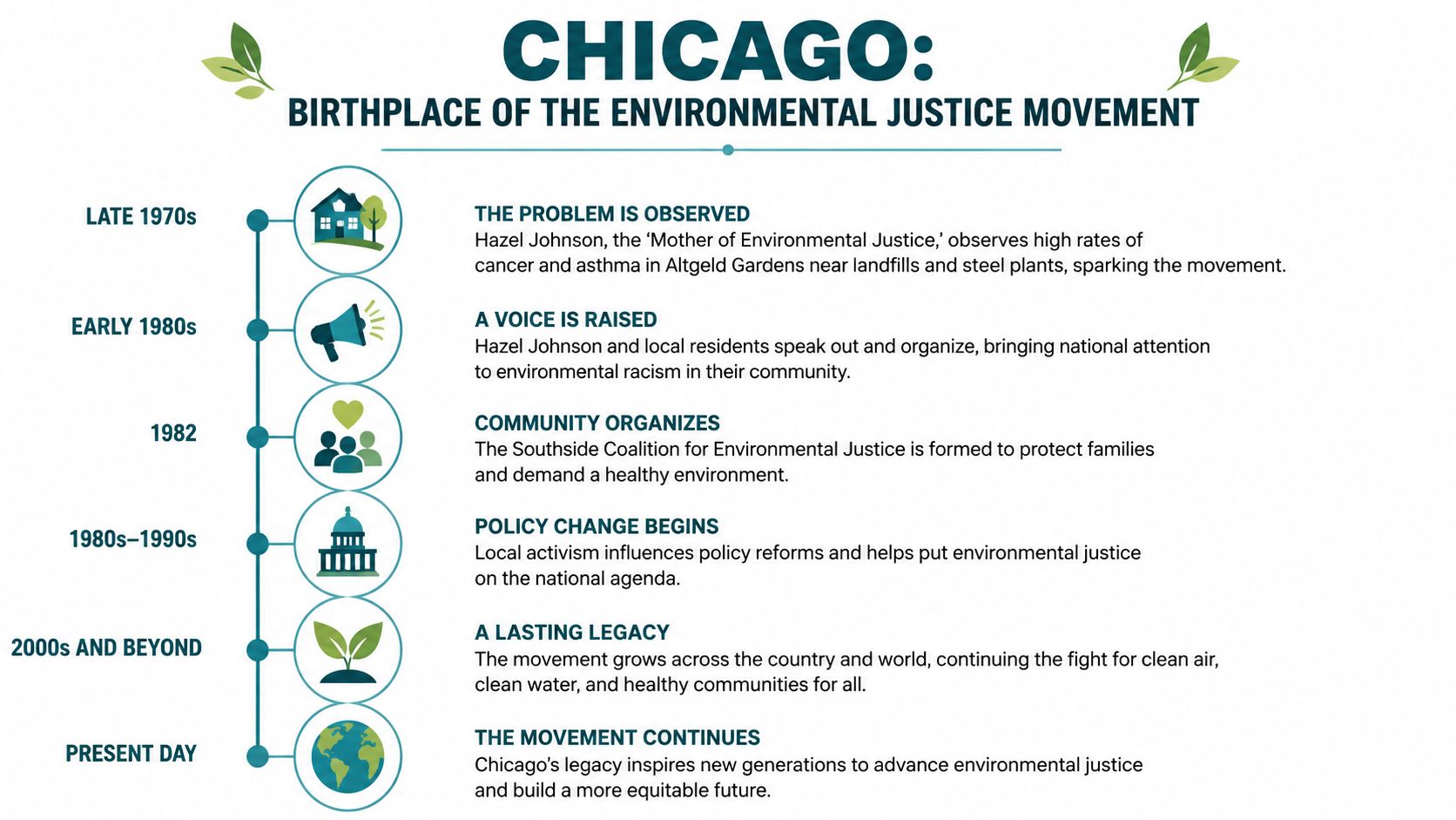 A timeline infographic titled Chicago: Birthplace of the Environmental Justice Movement, detailing milestones from the 1970s onwards.