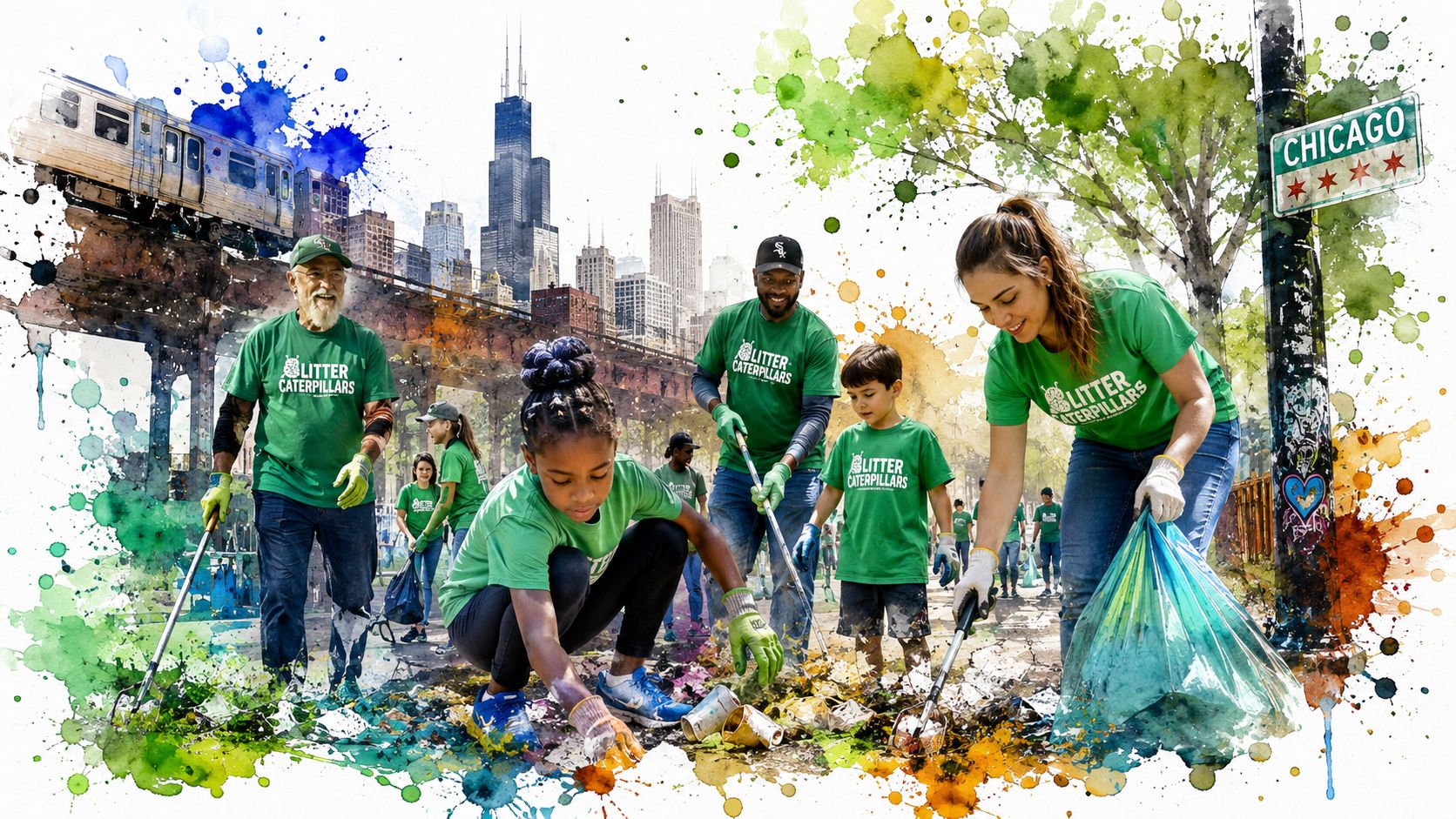 A diverse group of volunteers cleaning litter in Chicago with the Willis Tower in the background.