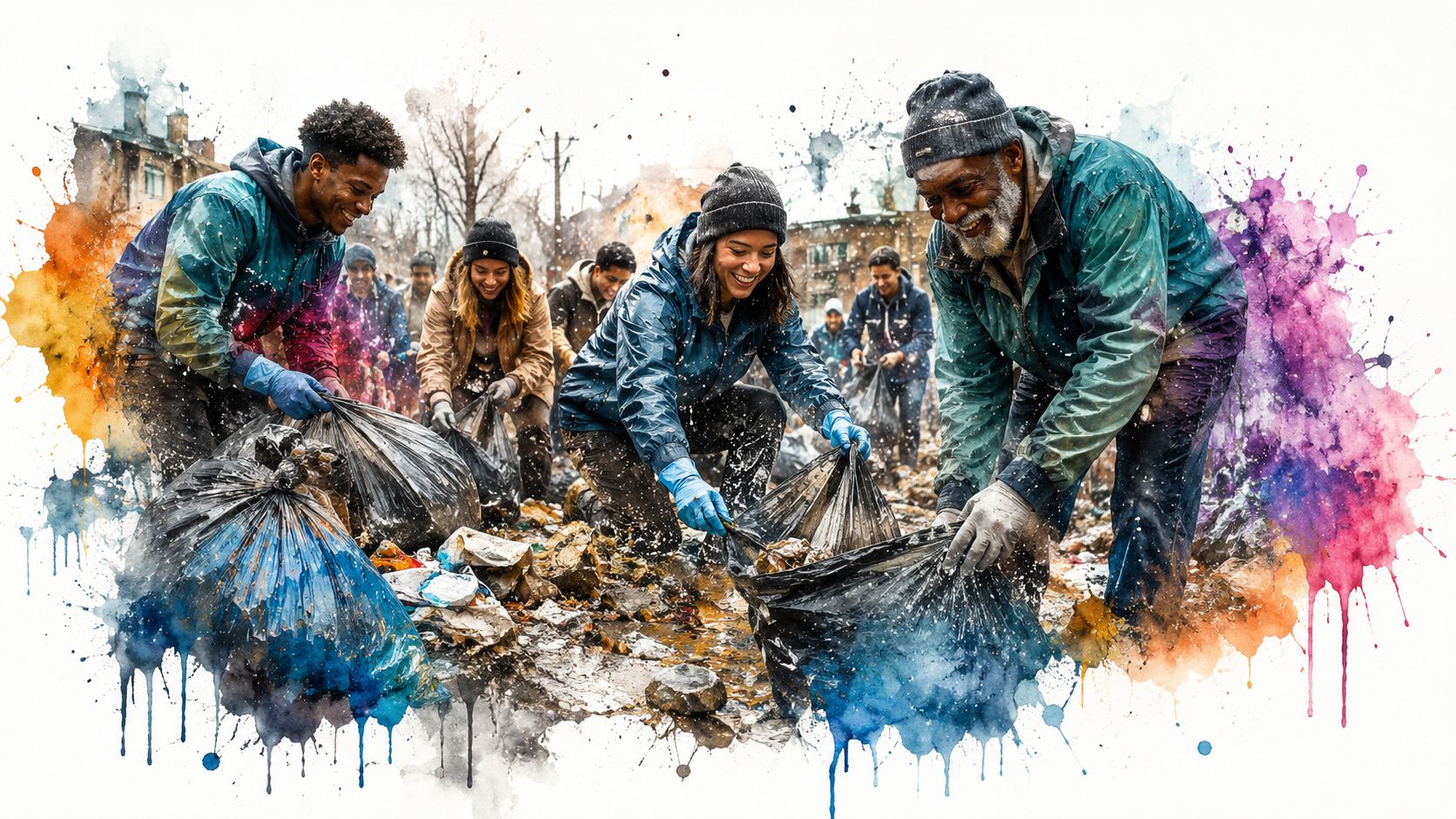 A diverse group of volunteers wearing warm clothing working together to clean up litter in a neighborhood.