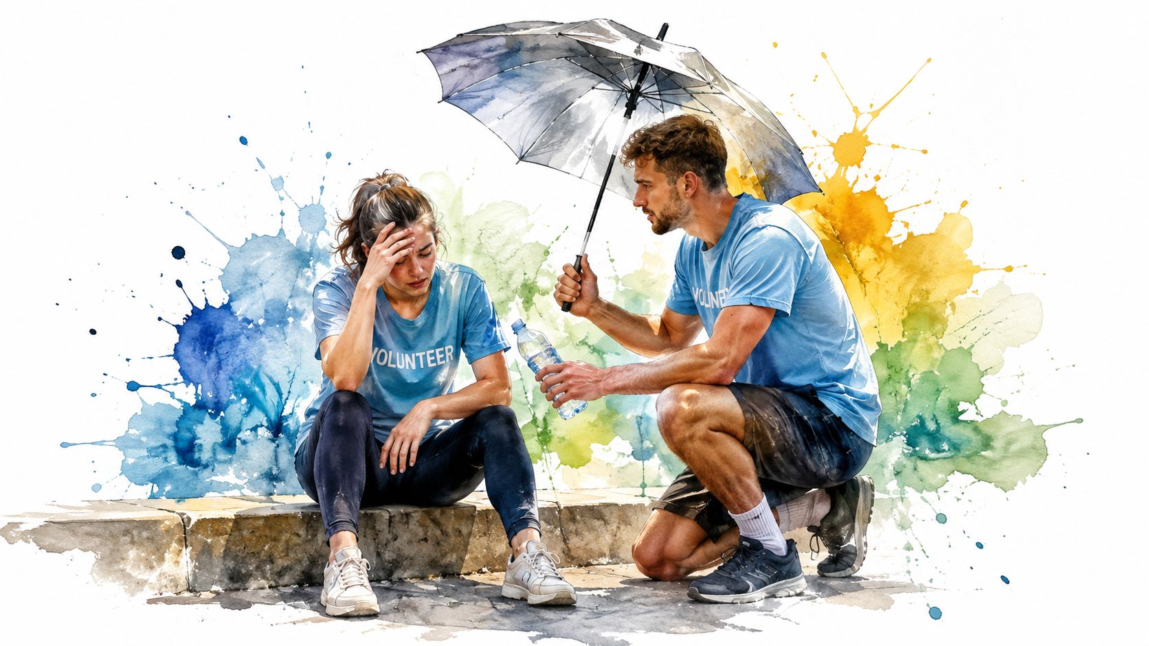 A volunteer providing water and shade with an umbrella to a woman suffering from heat exhaustion.