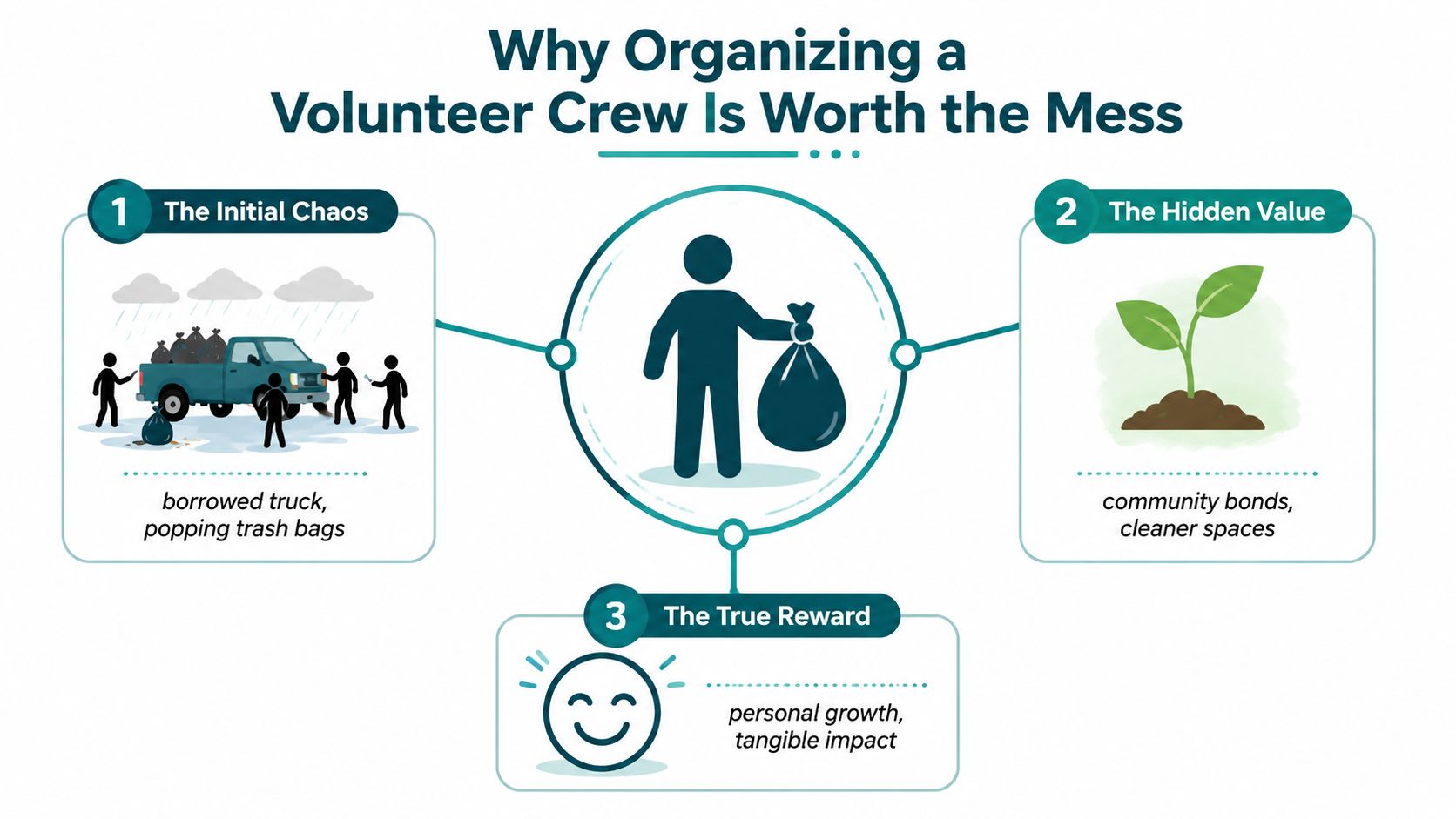 An infographic illustrating the challenges and rewards of organizing a volunteer trash cleanup crew.