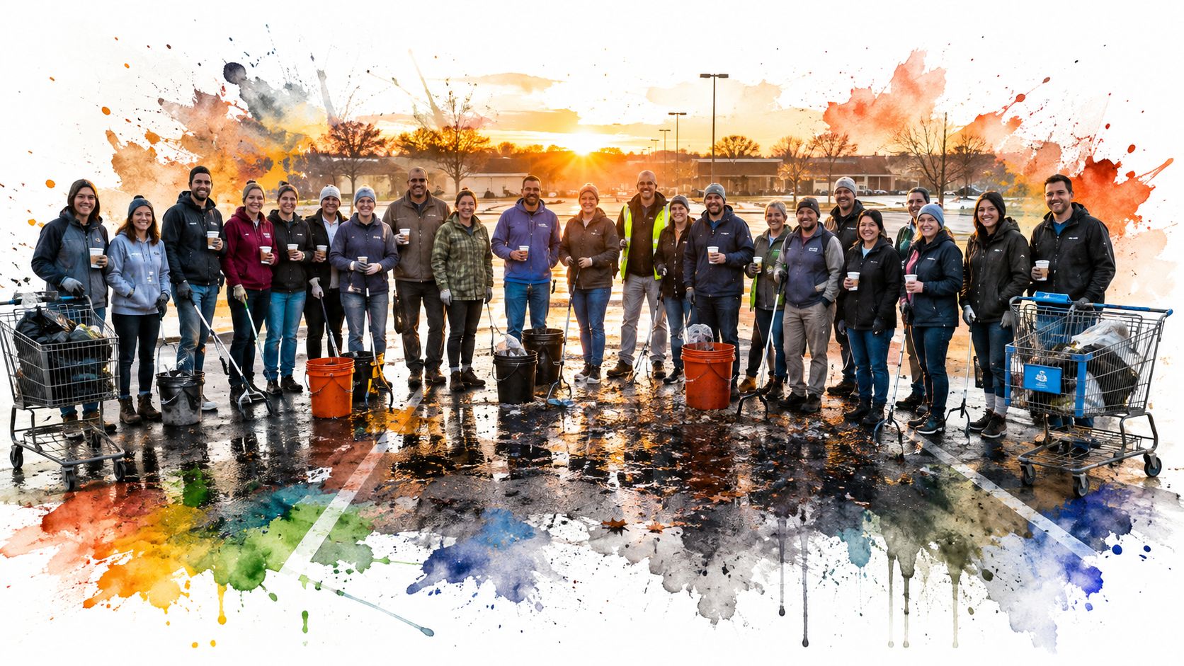 A diverse group of volunteers standing together in a parking lot holding cleaning tools and buckets.
