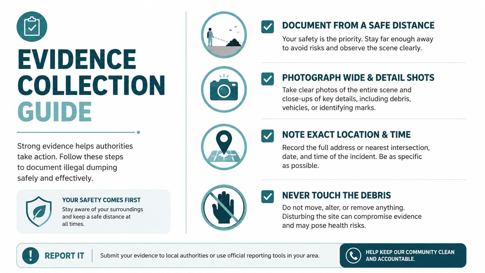 An instructional infographic detailing safe and effective steps for documenting illegal dumping evidence for reporting to authorities.