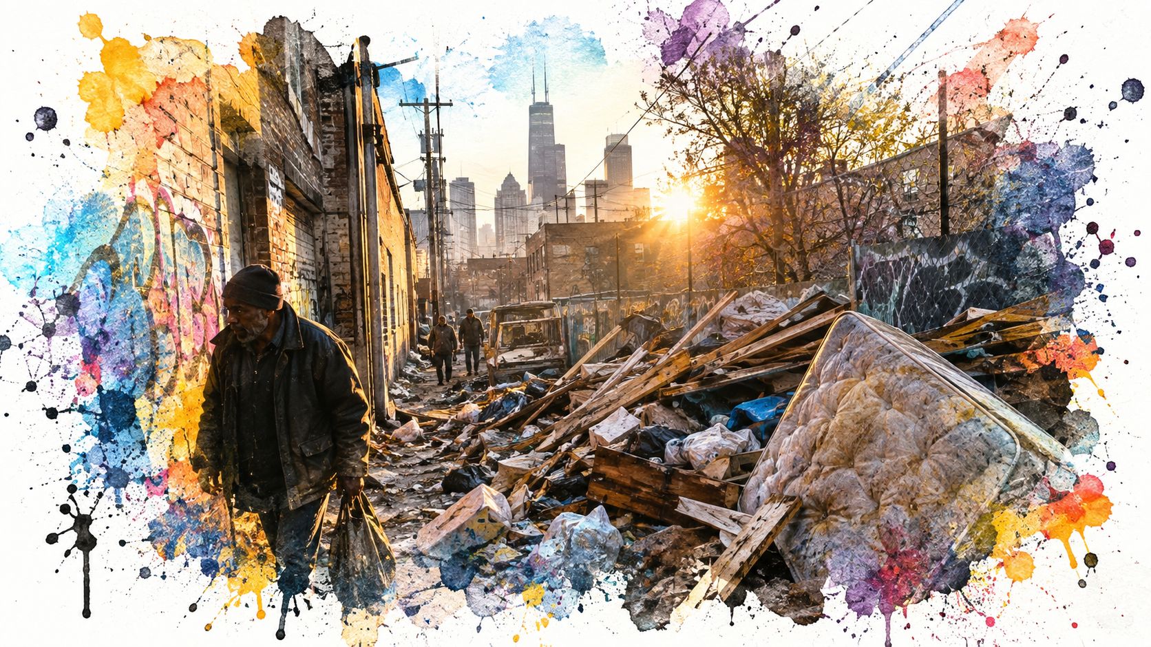 A homeless man walking through a city alley filled with trash, debris, and discarded furniture items.
