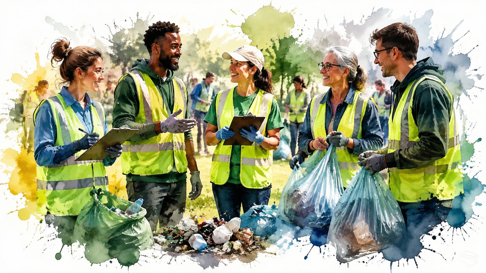 A diverse group of volunteers in high-visibility safety vests working together to clean up litter in a park.
