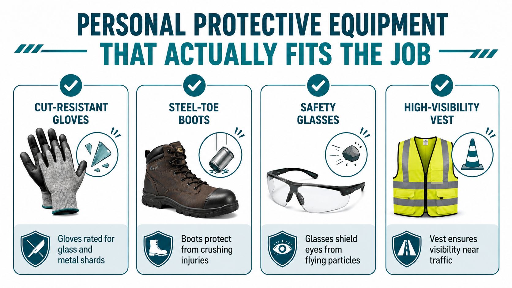 A safety infographic illustrating essential personal protective equipment like gloves, boots, glasses, and high-visibility vests for workplace protection.