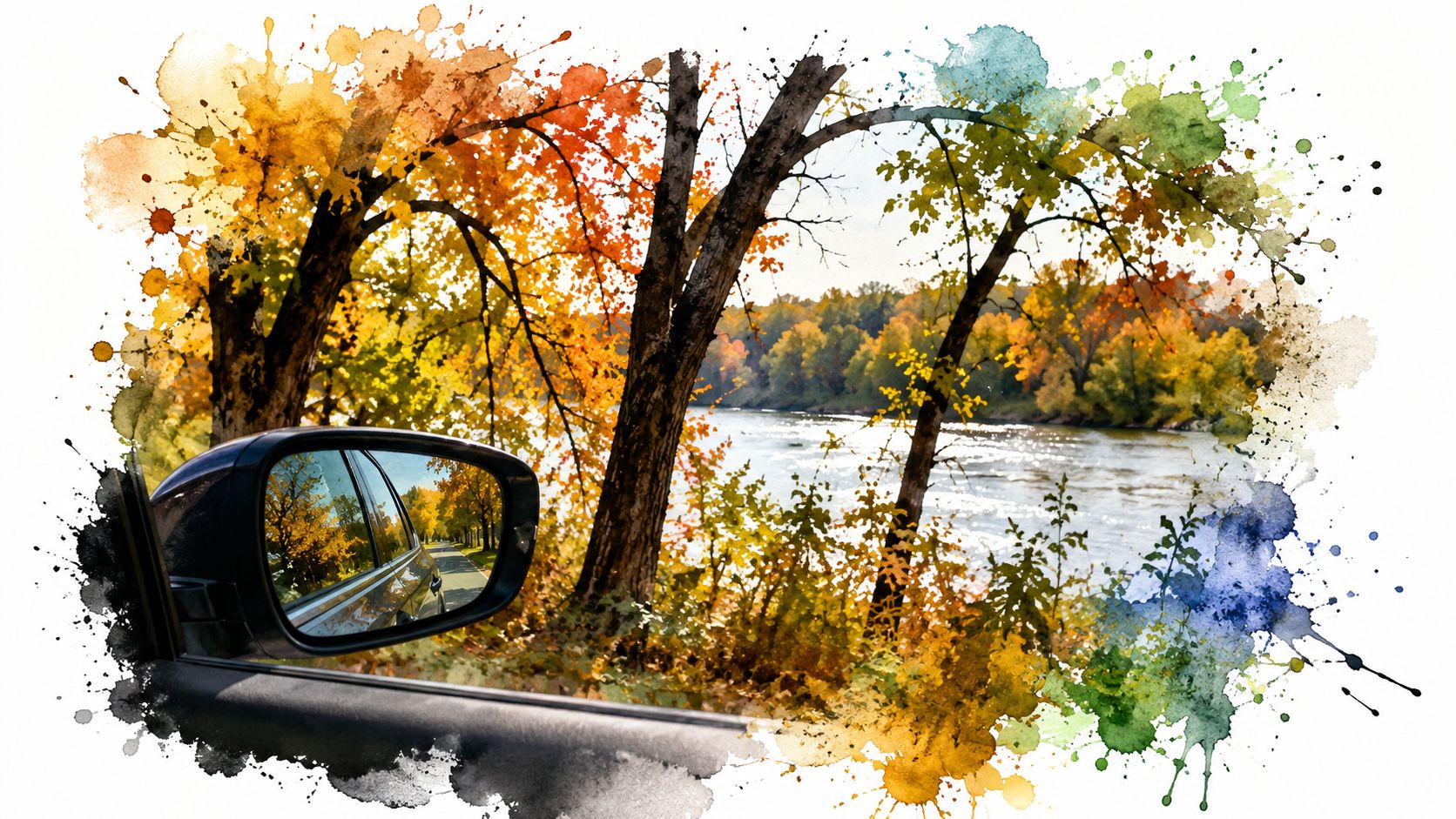A car side mirror reflecting an autumn forest landscape view next to a scenic river, watercolor style.