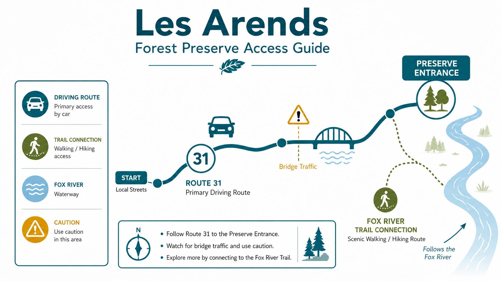 A map showing directions for reaching the Les Arends Forest Preserve by car and hiking trail.