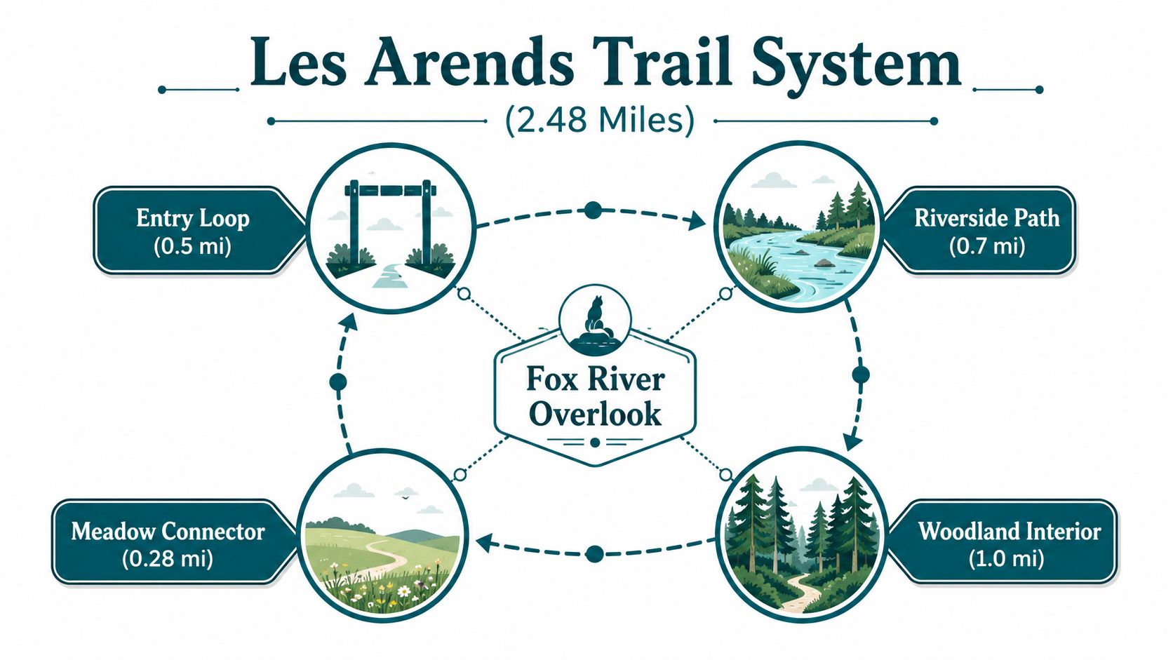A map diagram of the Les Arends Trail System, illustrating four trails connecting to a central overlook.