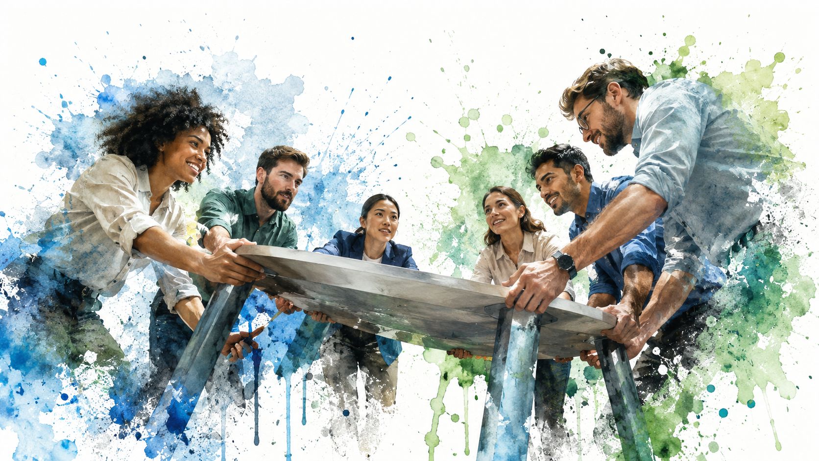 A diverse team of professionals collaboratively lifting a large table, symbolizing unity and building organizational culture together.